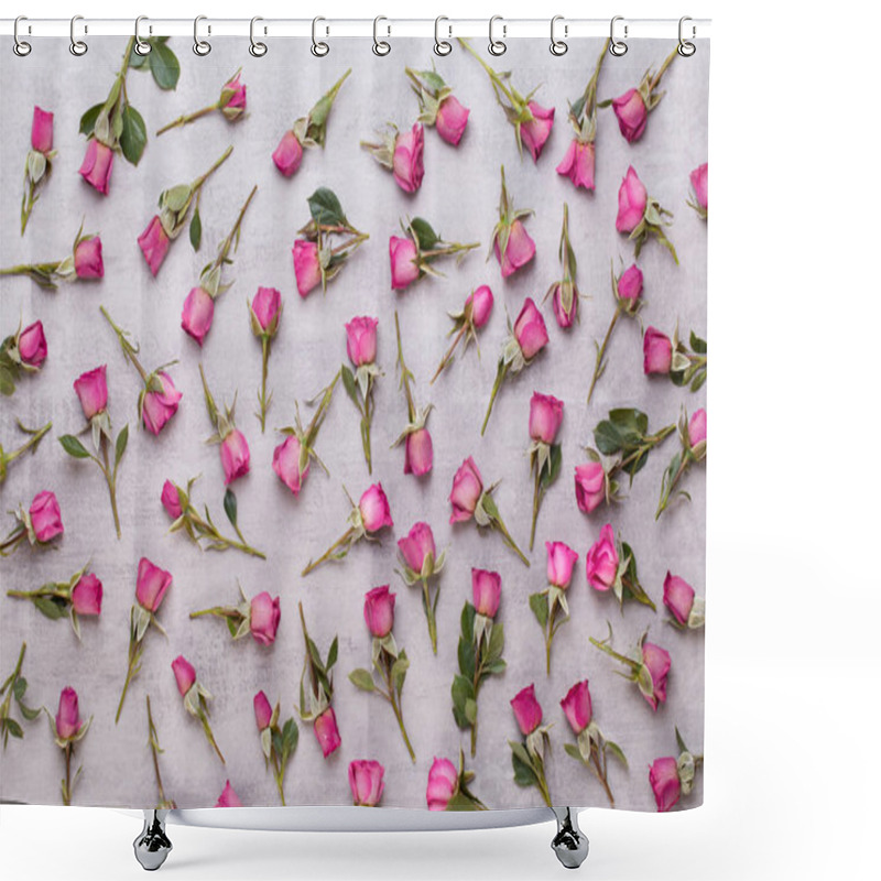 Personality  Flowers Valentine Day Composition. Frame Made Of Pink Rose On Gr Shower Curtains