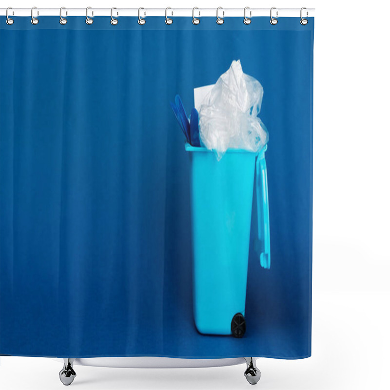 Personality  Toy Trash Can With Rubbish On Blue Background With Copy Space  Shower Curtains