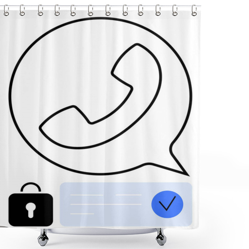 Personality  Black Phone Receiver In Speech Bubble Indicating Communication, Padlock For Security, Checkmark For Verification. Ideal For Messaging Apps, Cybersecurity, Telecommunications, Privacy, Authentication Shower Curtains