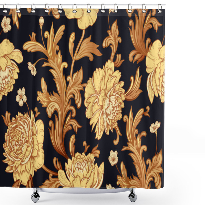 Personality  Seamless Pattern With Peonies And Baroque Decor Elements. Shower Curtains