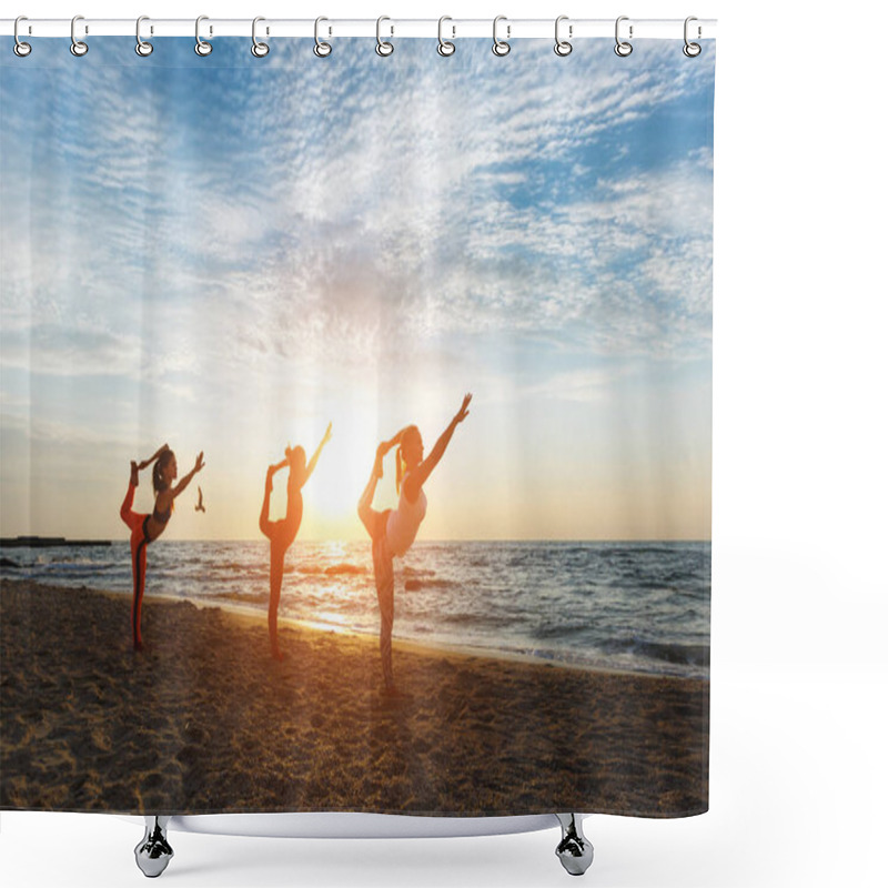 Personality  A Group Of Women Doing Yoga At Sunrise Near The Sea Shower Curtains