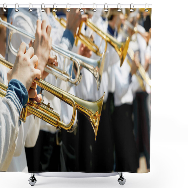 Personality  Closeup Of Children's Brass Band. Children Play On Golden Pipes. Shower Curtains