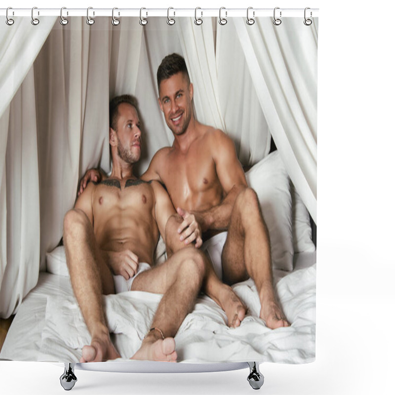 Personality  Love And Romance. Young Attractive Couple Is Resting At Home On The Bed. Shower Curtains