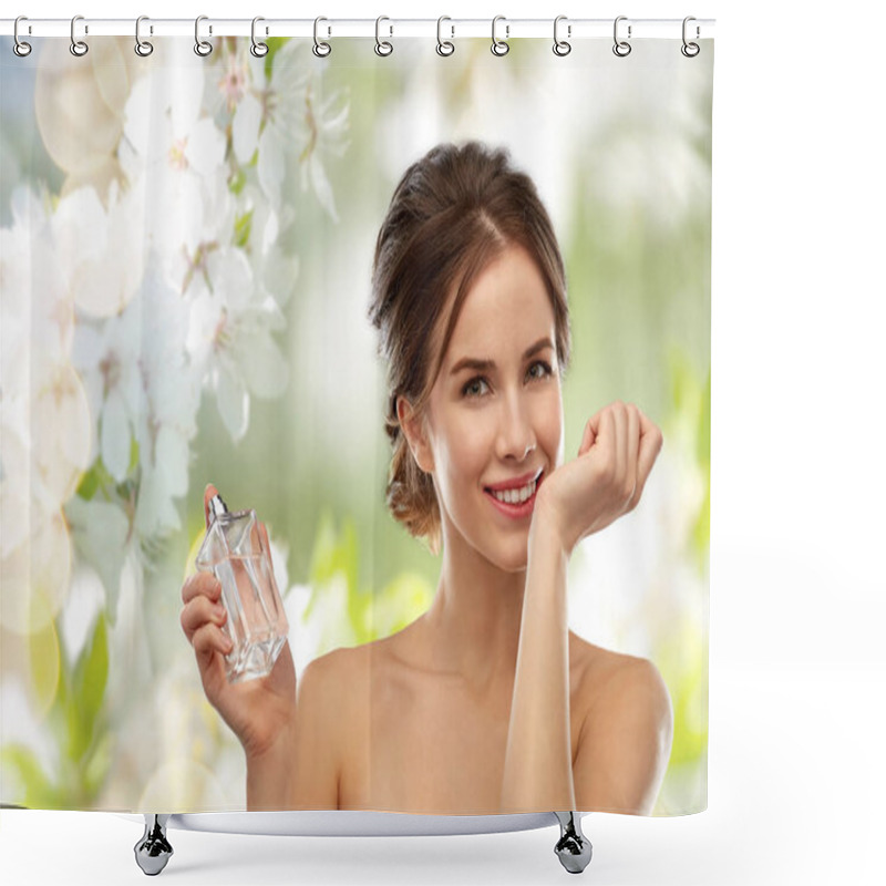 Personality  Happy Woman With Perfume Over Cherry Blossoms Shower Curtains