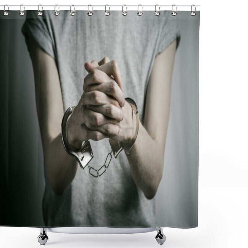 Personality  Prison And Convicted Topic: Man With Handcuffs On His Hands In A Gray T-shirt On A Gray Background In The Studio, Put Handcuffs On Rapist Shower Curtains