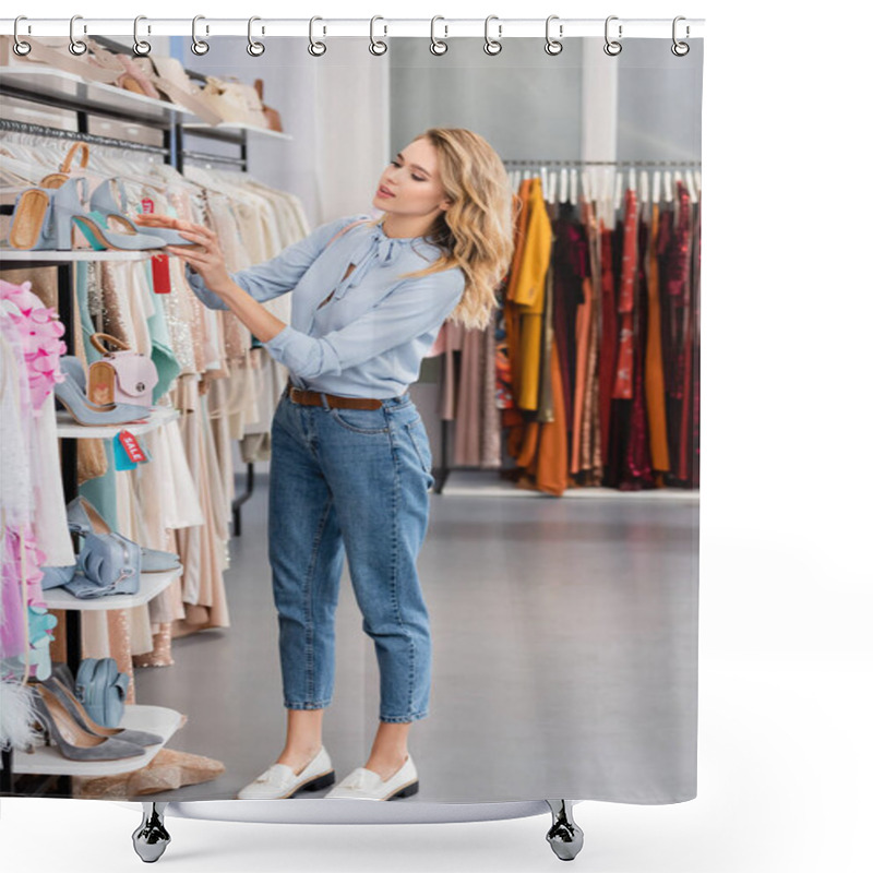 Personality  Young Woman Taking Shoes From Shelf In Showroom  Shower Curtains