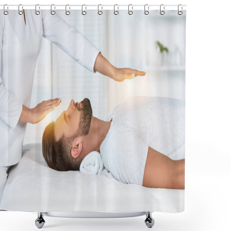 Personality  Cropped View Of Healer Putting Hands Above Head While Healing Handsome Man On Massage Table Shower Curtains