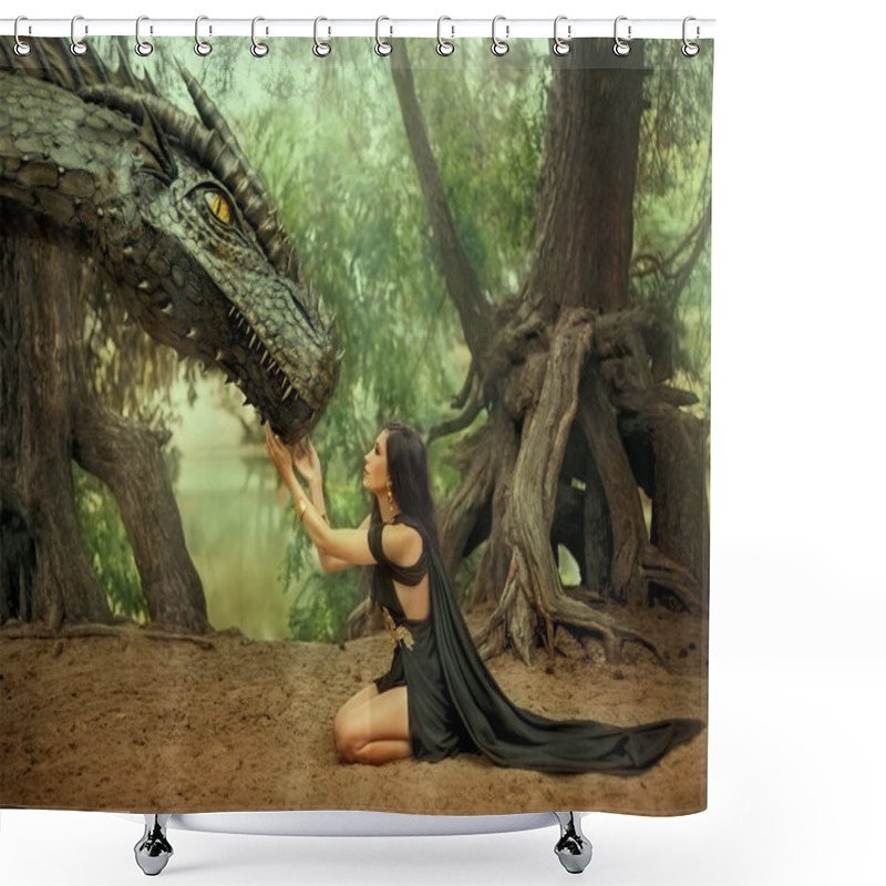 Personality  Fantasy Woman Elf Queen Touching With Hands Dragon Head. Girl Mistress Tamed Monster Concept Female Power. Black Creative Dress, Girl Princess Fashion Model Sits On Knees. Deep Green Forest Trees. Shower Curtains