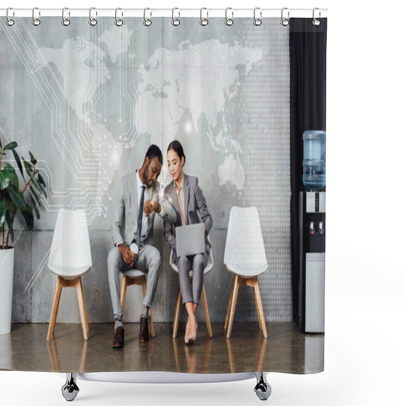 Personality  Multiethnic Colleagues With Laptop And Coffee To Go Sitting And Checking Time On Watch In Waiting Hall With Map Illustration On Wall Shower Curtains