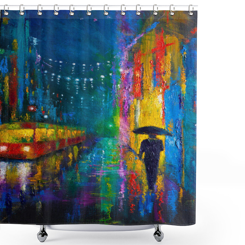 Personality  Bright Lights Of The Night City And A Man In The Rain Shower Curtains