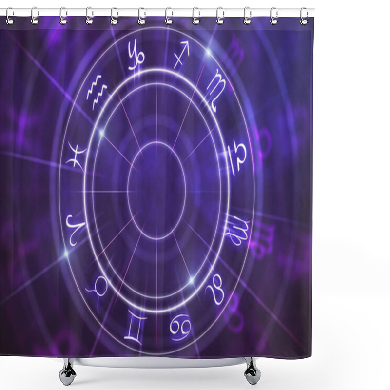 Personality  Abstract Purple Zodiac Wheel Background. Cyberspace Concept. 3D Rendering  Shower Curtains