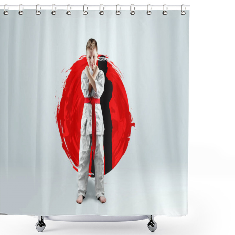 Personality  Full-length Portrait Of A Boy In A White Kimono With A Red Belt Against The Background Of A Red Circle. Karate Concept, Training, Goal, Training, Achievement Shower Curtains