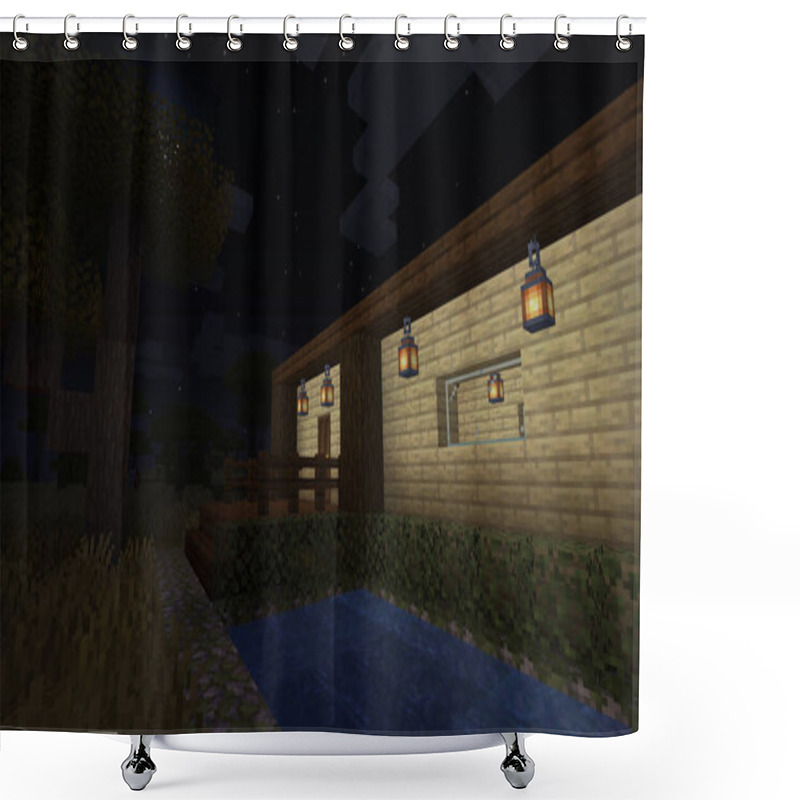 Personality  NOVEMBER 11, 2020: Sample Of Simply Wooden House In Minecraft Game 3D Illustration Shower Curtains