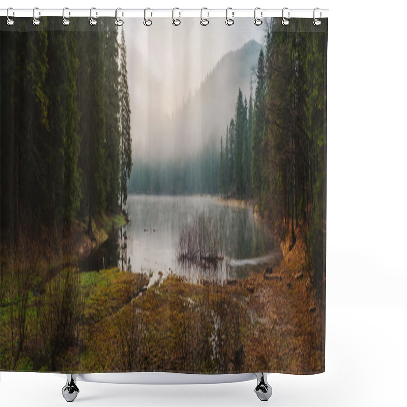 Personality  Mountain Lake Synevyr In Morning Light And Fog Shower Curtains