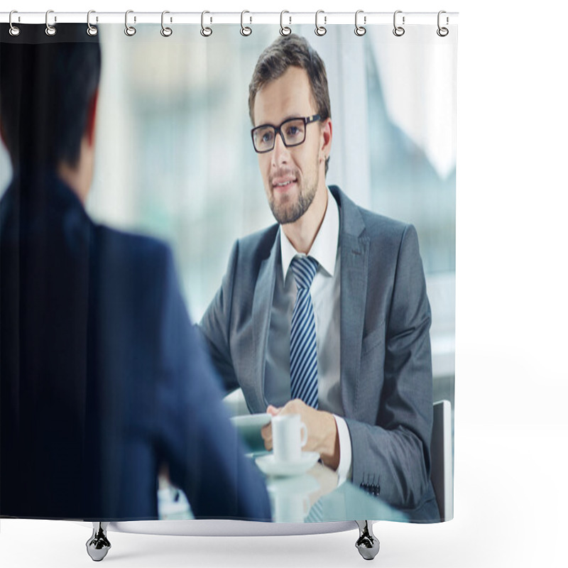 Personality  Young Businessman Communicating With His Partner Shower Curtains