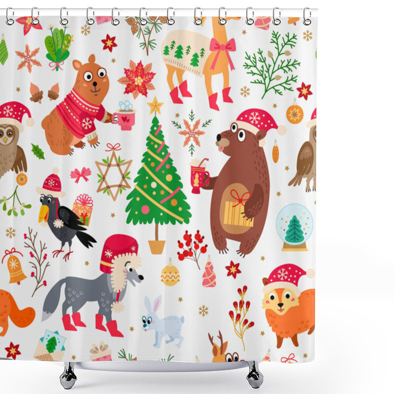 Personality  A Christmas Forest Animals Pattern. Winter Vector Shower Curtains