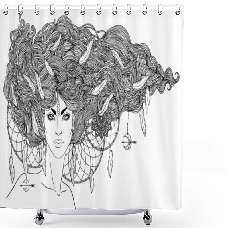 Personality  Isolated On White Illustration Of Native American Indian Girl With Feathers And Dream Catcher. Tribal Fusion Boho Diva. Coloring Book. Shower Curtains