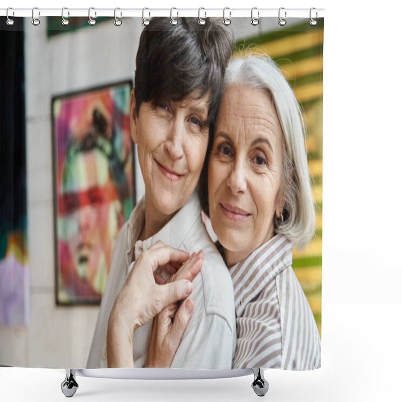 Personality  Two Women Hugging In Front Of Paintings In An Art Studio. Shower Curtains