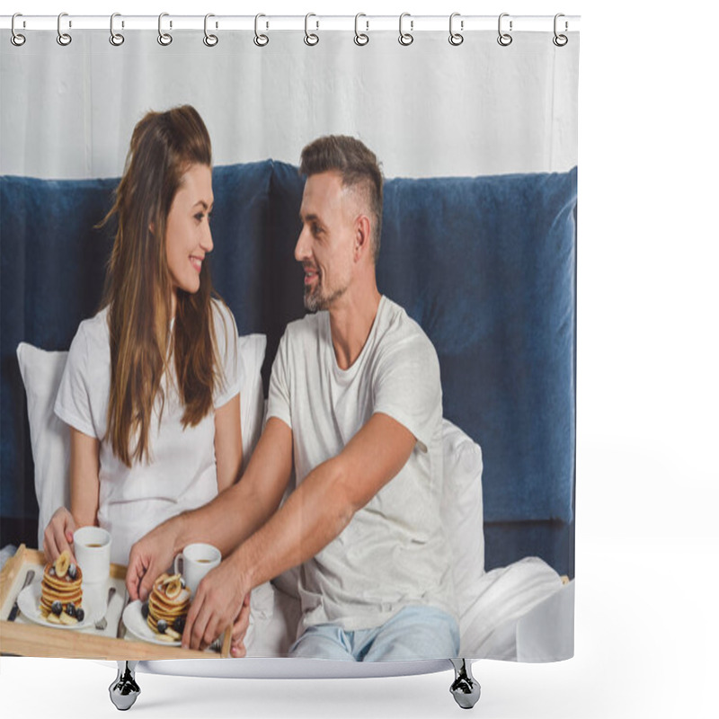 Personality  Smiling Couple Looking At Each Other While Having Breakfast In Bed Shower Curtains