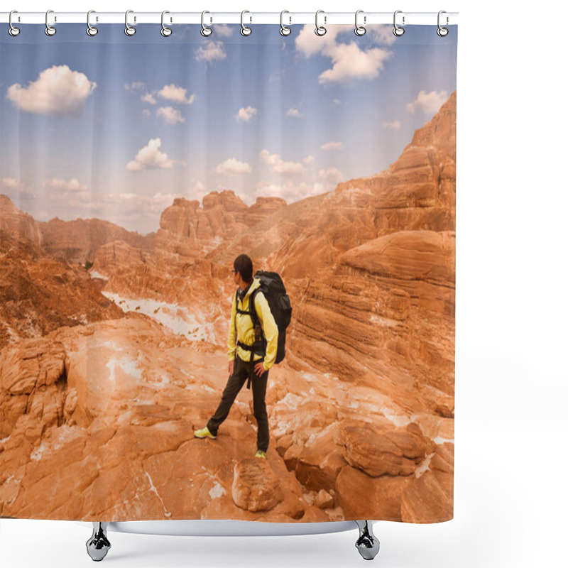 Personality  Woman Hiker With Backpack Enjoy View In Desert Shower Curtains