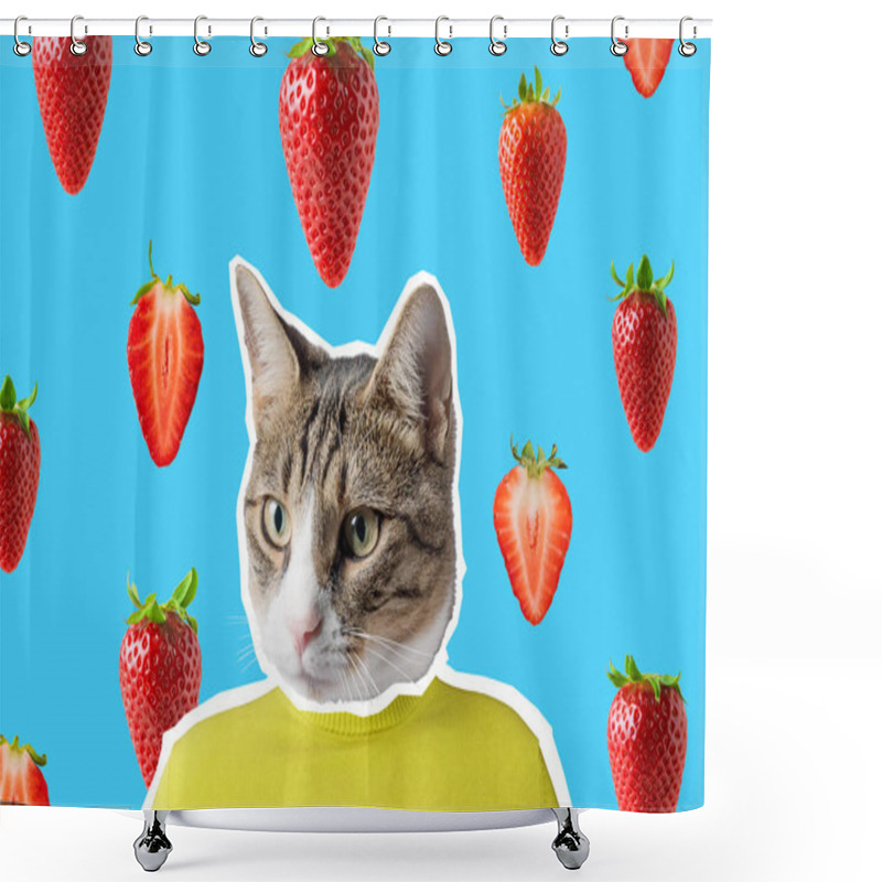 Personality  Cat And Strawberry Collage, Pop Art Concept Design. Minimal Vibrant Summer Background.  Shower Curtains