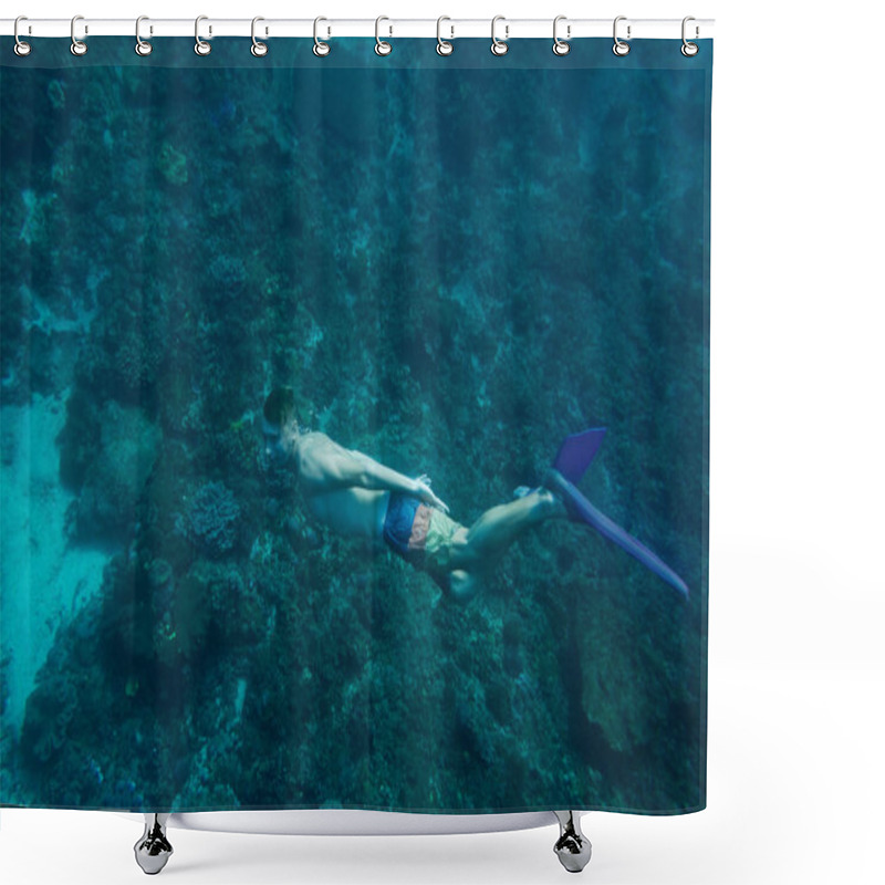 Personality  Side View Of Young Man In Flippers Diving In Ocean Alone Shower Curtains