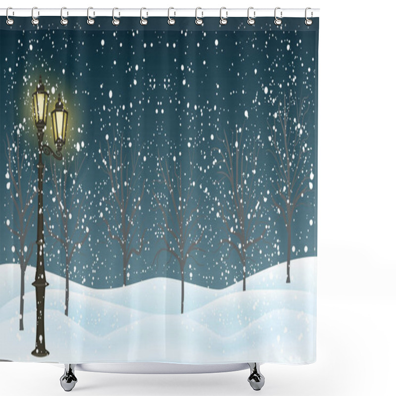 Personality  Winter Night Landscape - Street Light, Snowfall, Trees, Drifts - Art Vector Illustration Shower Curtains