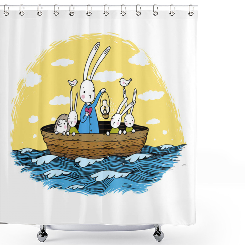 Personality  Cute Little Hares And Hedgehog Floating In A Boat On The River. Shower Curtains