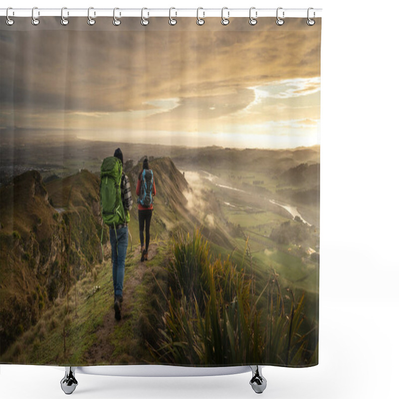 Personality  Backpackers Walking On A Mountain During Sunrise. Te Mata Peak. Hawkes Bay. New Zealand Shower Curtains