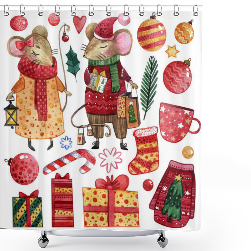 Personality  Watercolor Set Of Hand Drawn Christmas Elements For Making Cards And Wrapping Paper. Dressed Mice, Christmas Toys, Sweets, Gifts, Socks, Sweaters And Snowflakes For Your Own Design Shower Curtains