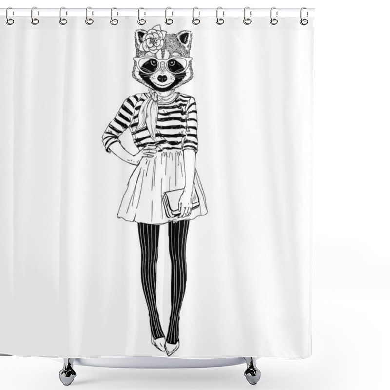 Personality  Cute Raccoon Hipster Girl Shower Curtains