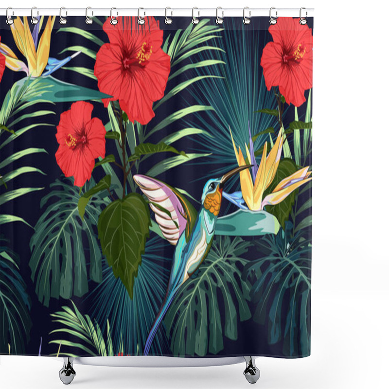 Personality  Beautiful Seamless Vector Floral Summer Pattern Background With Hummingbird, Exotic Flowers And Palm Leaves. Perfect For Wallpapers, Web Page Backgrounds, Surface Textures, Textile. Shower Curtains