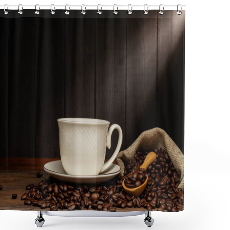 Personality  White Coffee Cup With Black Coffee Or Hot Tea In A Cappuccino Espresso Cup Breakfast With Coffee Beans On Wooden Table Isolated On Black Background Shower Curtains