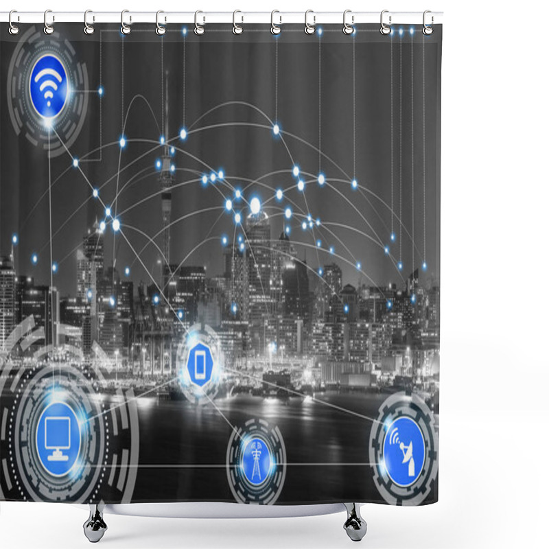 Personality  Smart City Wireless Communication Network With Graphic Showing Concept Of Internet Of Things ( IOT ) And Information Communication Technology ( ICT ) Against Modern City Buildings In The Background. Shower Curtains