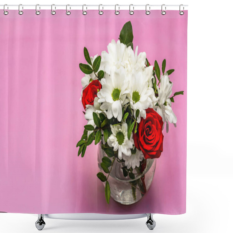 Personality  A Bouquet Of Fresh Flowers In Glass Vase. Valentine's Day Or Wedding Concept. Gentle Pink Textured Background Shower Curtains