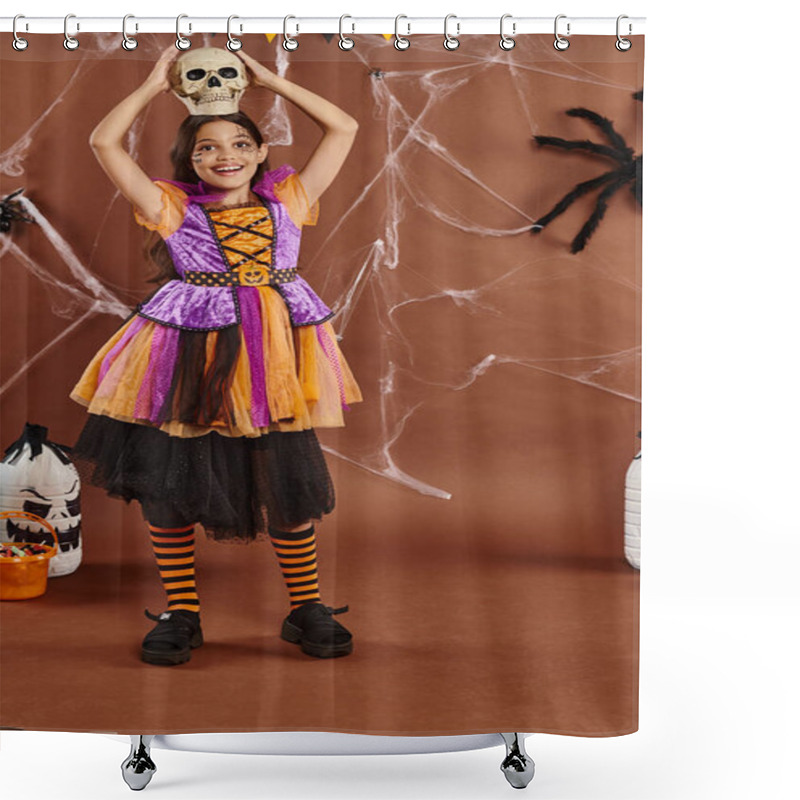 Personality  Joyful Girl In Halloween Dress Standing With Skull On Head On Brown Background, Spooky Season Shower Curtains