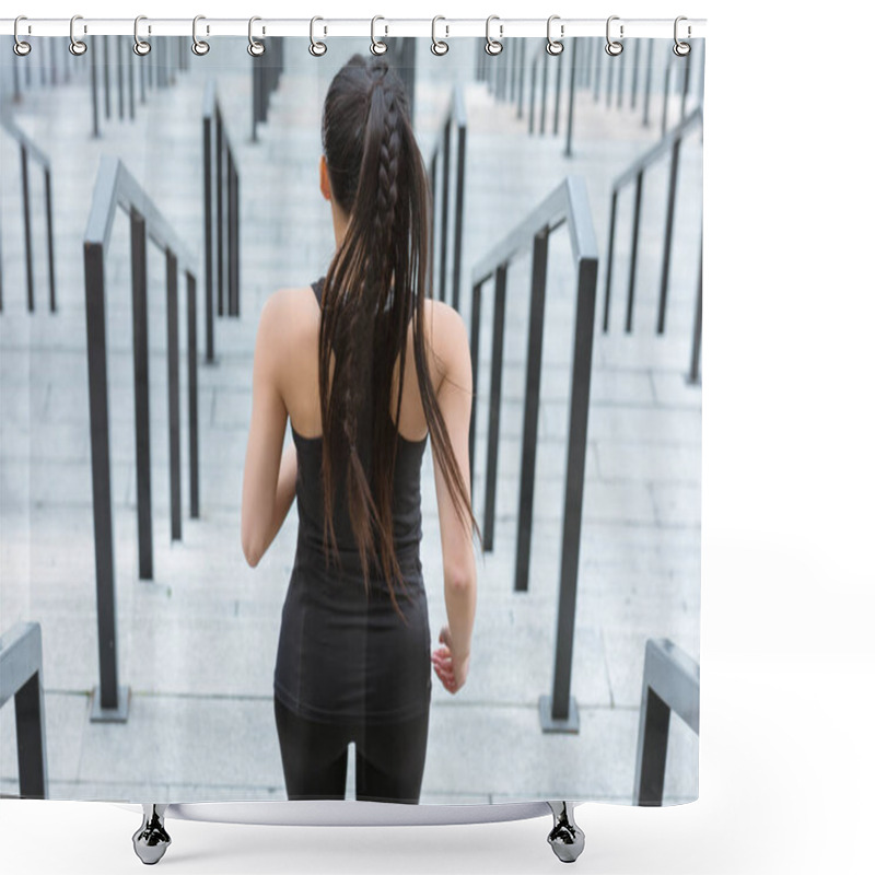 Personality  Sportswoman Training On Stadium Stairs  Shower Curtains