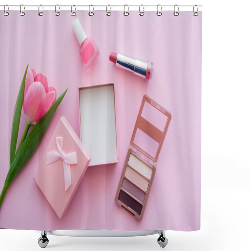 Personality  Top View Of Blooming Tulip Near Gift Box And Decorative Cosmetics On Pink Shower Curtains