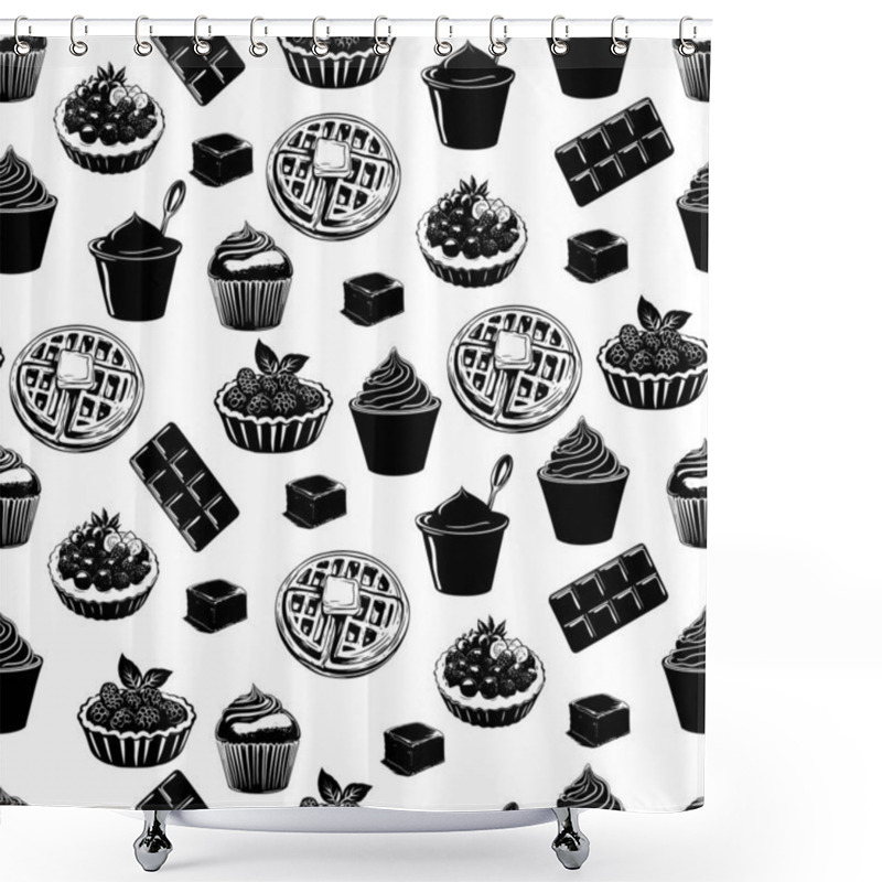 Personality  Seamless Pattern Of Desserts On Pink Background. Black And White Pastry Illustration With Pink. Stylish Food Illustration With Sweets And Pastries Shower Curtains