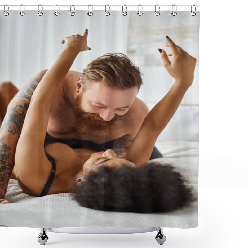 Personality  Happy Multicultural Couple Lying Together On Bed In A Light-filled Bedroom, Black Woman In Bra Shower Curtains