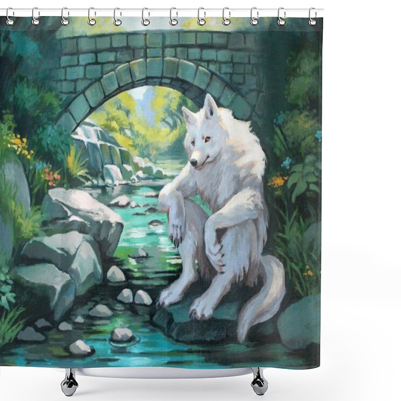 Personality  White Furry Wolf Werewolf Sits And Rests By The Stream, There Is A Bridge In The Background, The Sun Is Shining, Lots Of Greenery And Flowers. Handmade Oil Painting On Canvas Shower Curtains