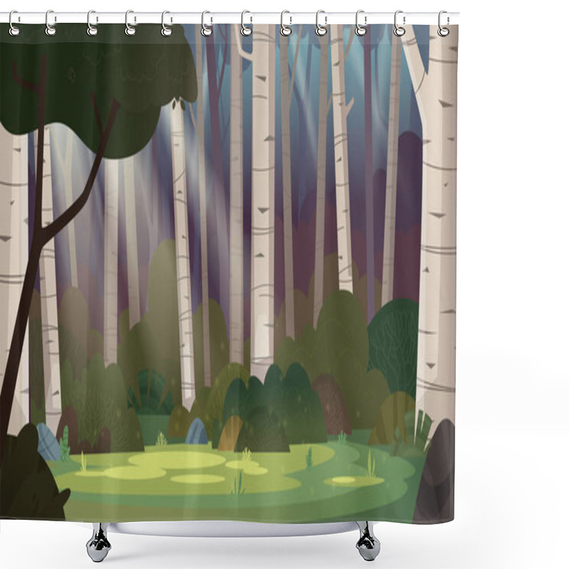 Personality  Cartoon Magic Summer Birch Forest Glade With Sunbeams. Forest Wilderness Landscape.  Shower Curtains