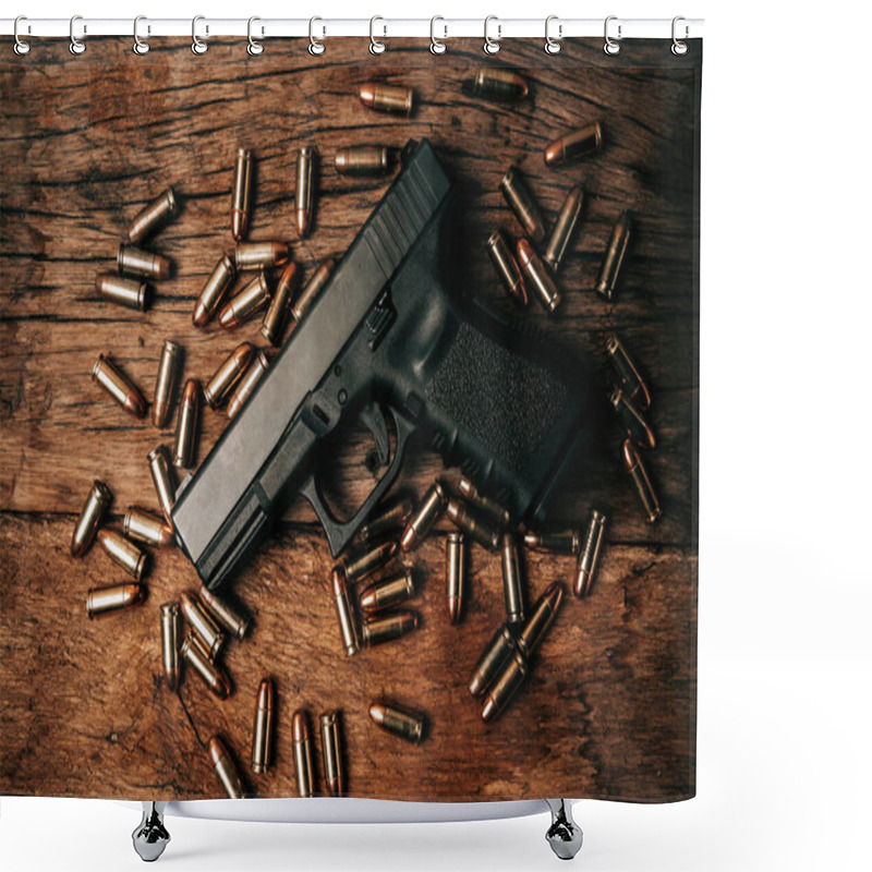 Personality  Portrait Of A Black 9mm Pistol On An Old Wooden Floor With 9mm Ammunition Next To It. Top View Shower Curtains