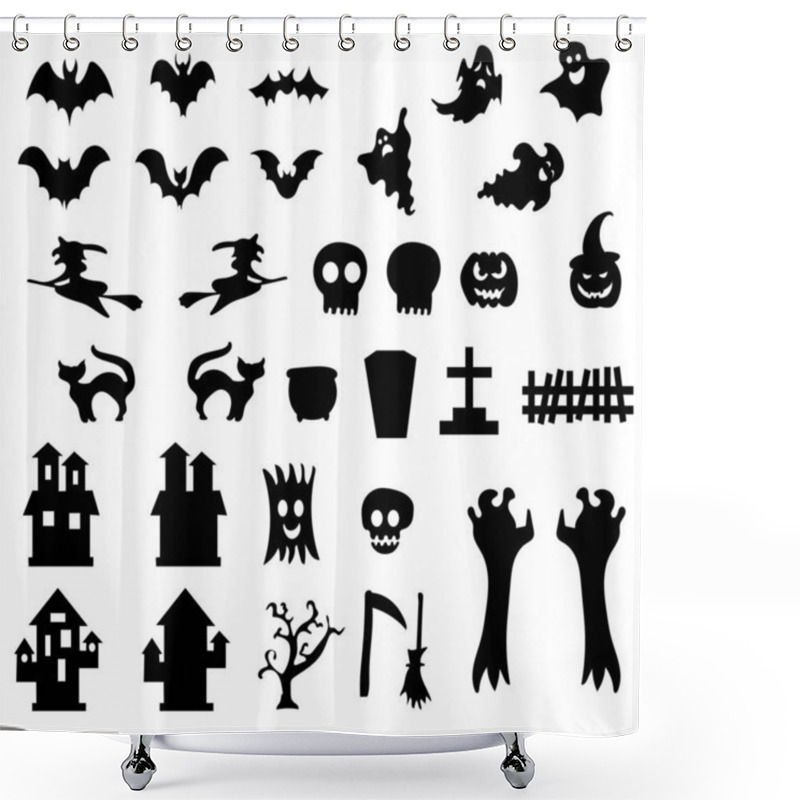 Personality  Set Of White Silhouettes Of Halloween On A Black Background. Vector Illustration Shower Curtains