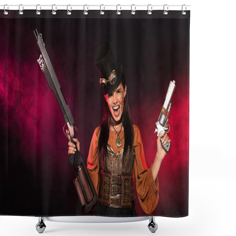 Personality  Front View Of Screaming Steampunk Woman Holding Gun And Pistol In Pink Smoke On Black Shower Curtains