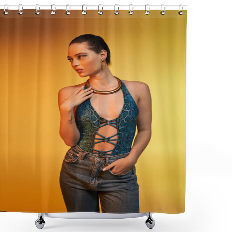 Personality  Confident Young Woman Poses In Stylish Snake Print Outfit Against A Vibrant Background. Shower Curtains