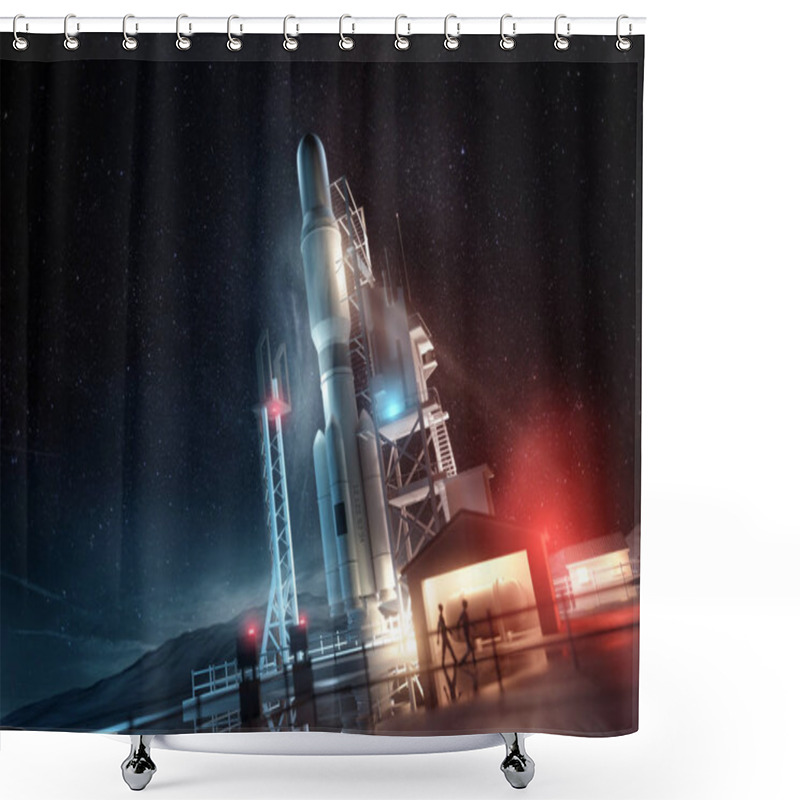 Personality  A Large Space Rocket Ready For Launch At Night. 3D Illustration Concept. Shower Curtains