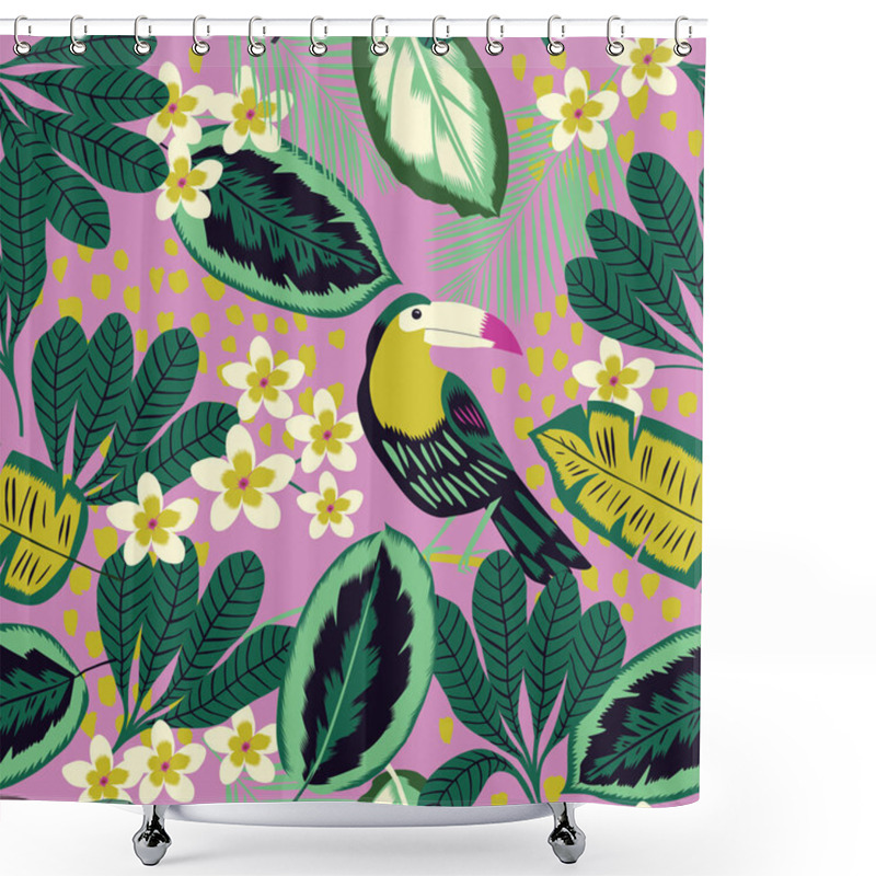 Personality  Tropical Leaves, Flowers And Toucan Bird Seamless Pattern Shower Curtains