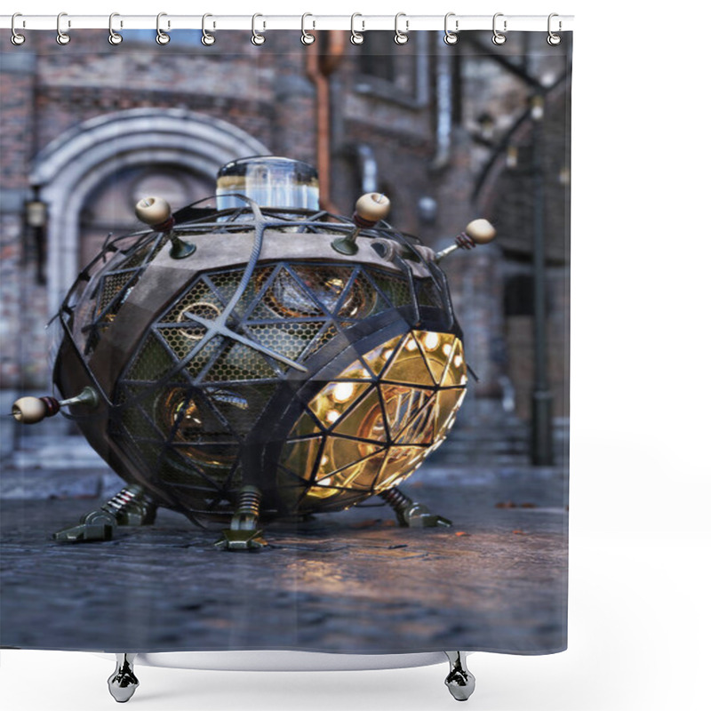 Personality  Futuristic Steam Punk Time Machine With Architecture Time Period Background. 3d Rendering Shower Curtains