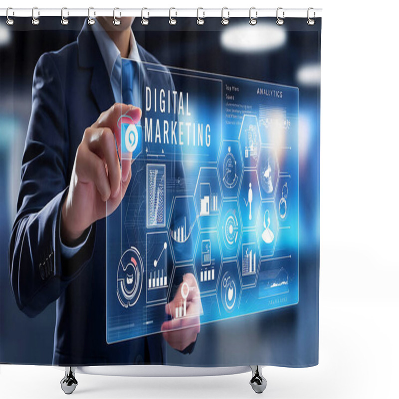 Personality  Businessperson In Suit, Futuristic Digital Interface, Digital Marketing, Technology Icons, Analytics Icons, Commerce Icons, Business Technology, Digital Business Interaction, Marketing Technology, Tech Analytics, Business Analytics, Digital Commerce, Shower Curtains